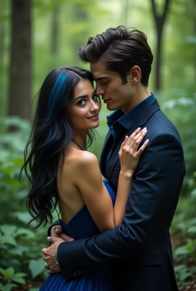 Photo d'une fille de 18 ans, ses longs cheveux noirs avec des mèches bleus entourant un doux visage aux yeux bleu marine emplie de joie. Elle porte une robe bleu marine. Elle est avec Damon Salvatore de la série vampire diarie. Ils sont dans une forêt verdoyante. Elle est dans ses bras on ressent dans cette étreinte beaucoup d'émotions