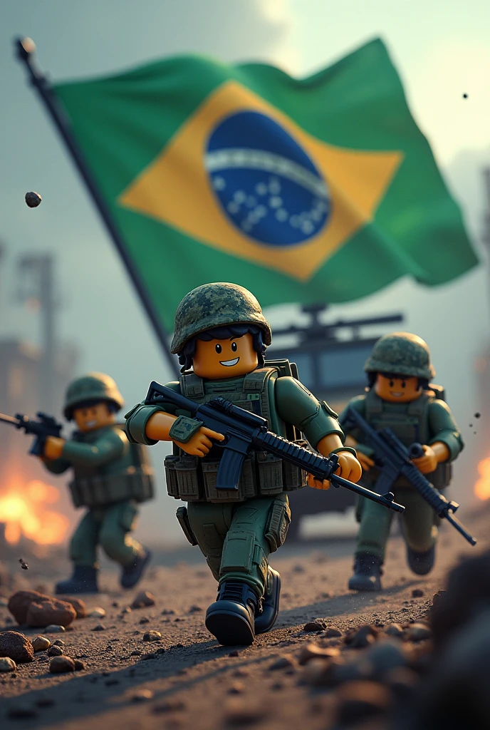 Make a photo of Roblox military with gun with car and a Brazilian flag in the background in turbulence in front of Davi's Brazilian army