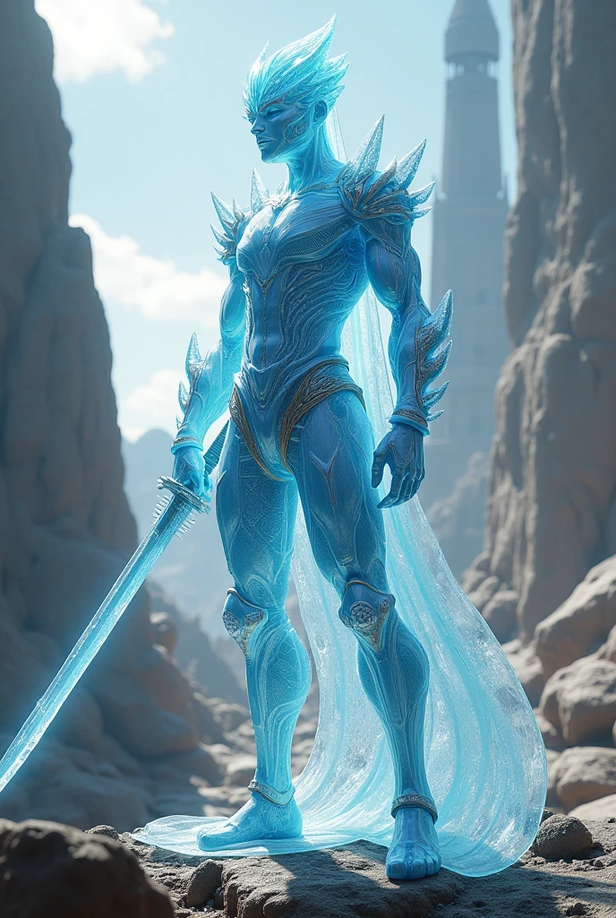 Create a half-medieval, half-futuristic crystal warrior with a magical katana