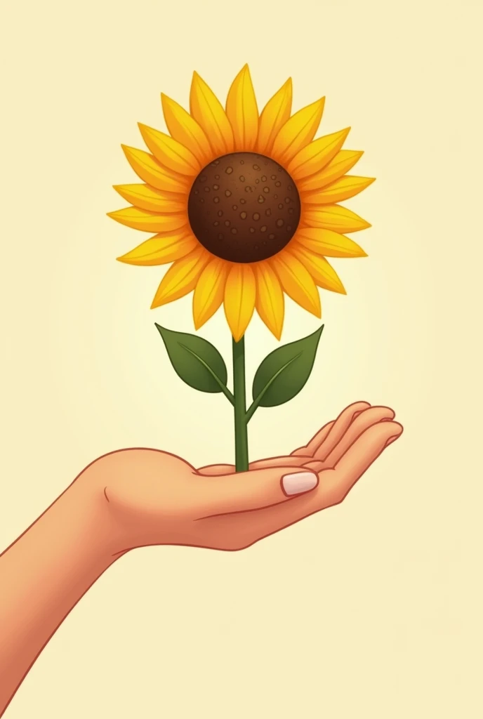 Create an image of a hand handing over a sunflower so that the hand is holding the stem of the sunflower that is facing forward as if it were handing it to the screen in a cartoon style. 