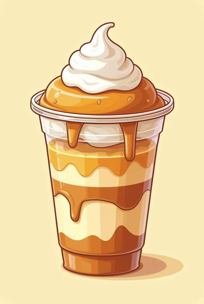 Um doce banoffee, animation format with thick lines, inside a plastic cup without a lid