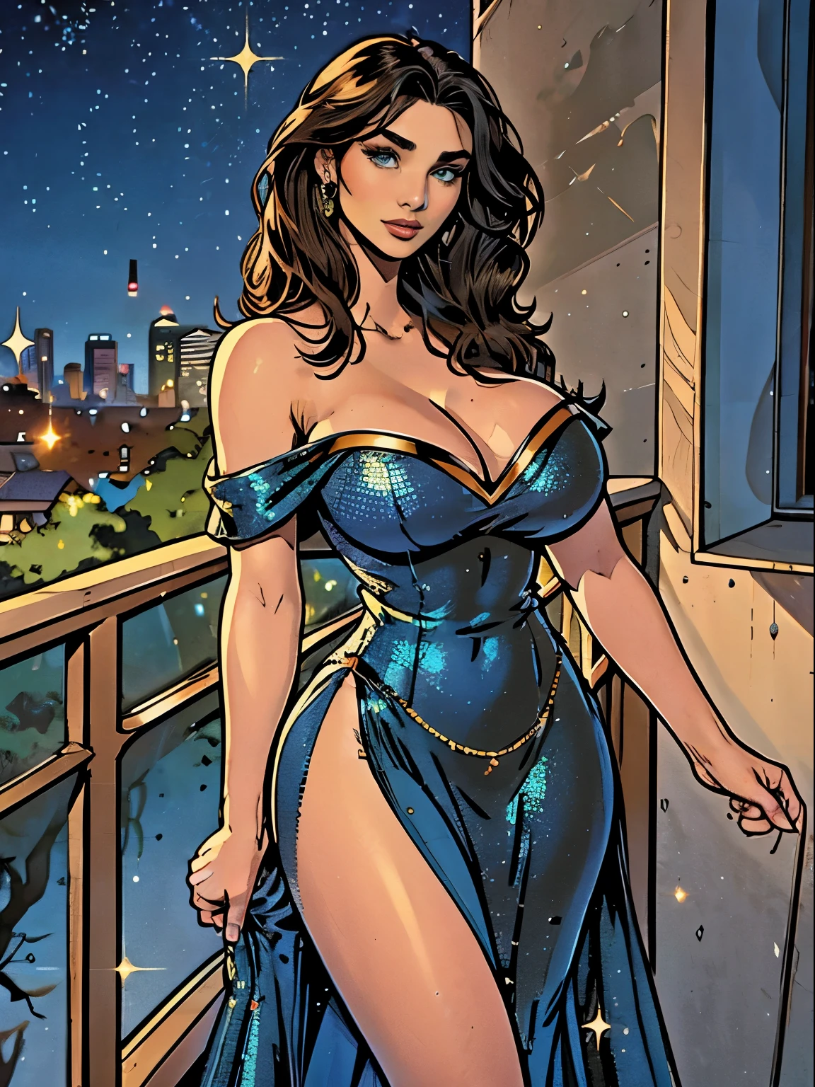 Extremely busty brunette photographer, college girl, fair skin, green eyes, long sexy hair, vintage style, soft face, athletic, ((gigantic breasts, cleavage)), dark blue glitter dress, sequined sparkling dress, tight blue dress, long dress, off-shoulder, strapless, ((sleeveless)), cleavage, balcony, nighttime,