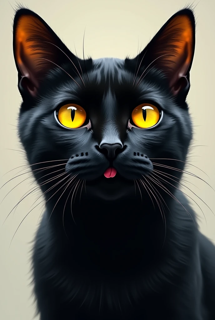 Paint a black cat head with big golden eyes, small ears and a red tongue.