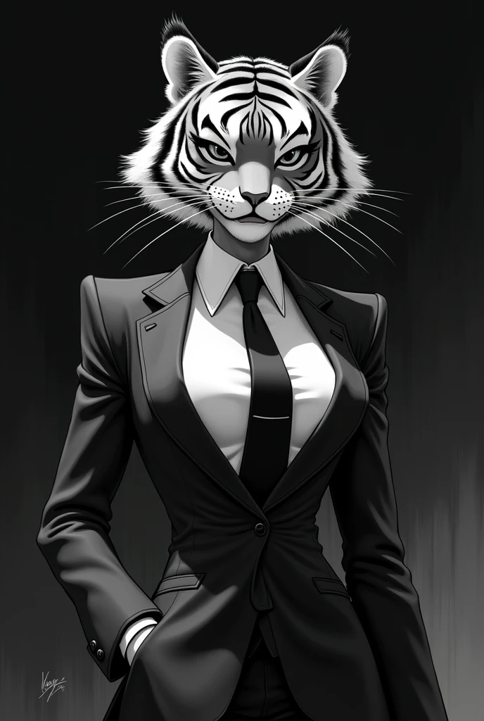 Female antrophomorphic Tiger girl mafia outfit Disney art style in black and white serious look almost creepy