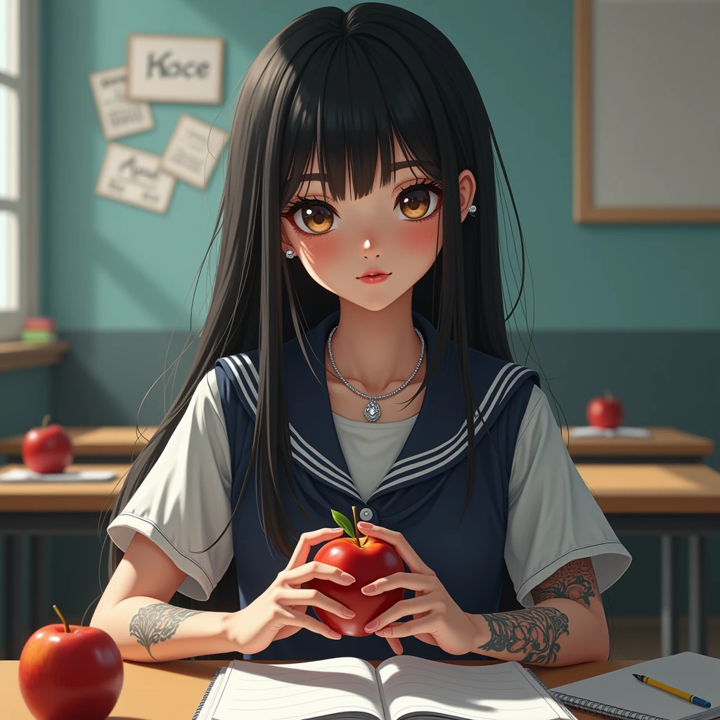 Full View 8K, a white female sitting in a classroom, A natural white female, with sleek straight black hair, lashes, diamond chain, tattoos, plump lips, flawless eyebrows, wearing a school uniform, sitting at a desk eating an apple, with notebooks the desk