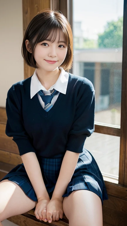 (Highest quality,masterpiece:1.3,Ultra-high resolution),(Very detailed,Caustics,8k),(Realistic:1.4,RAW shooting),1 person,1,cute,Japanese,Black short bob,(school uniform),(Look at me with a smile),morning,blue sky,sun,Natural light,School Playground,(Front shot),Face Focus,Face close-up,Bust up shot,Low position,Low Angle　,Squat down and spread your legs　skirt lift　No panties in full view　Bright sunlight from the window　hands back ロープボンデージ　View from the front
