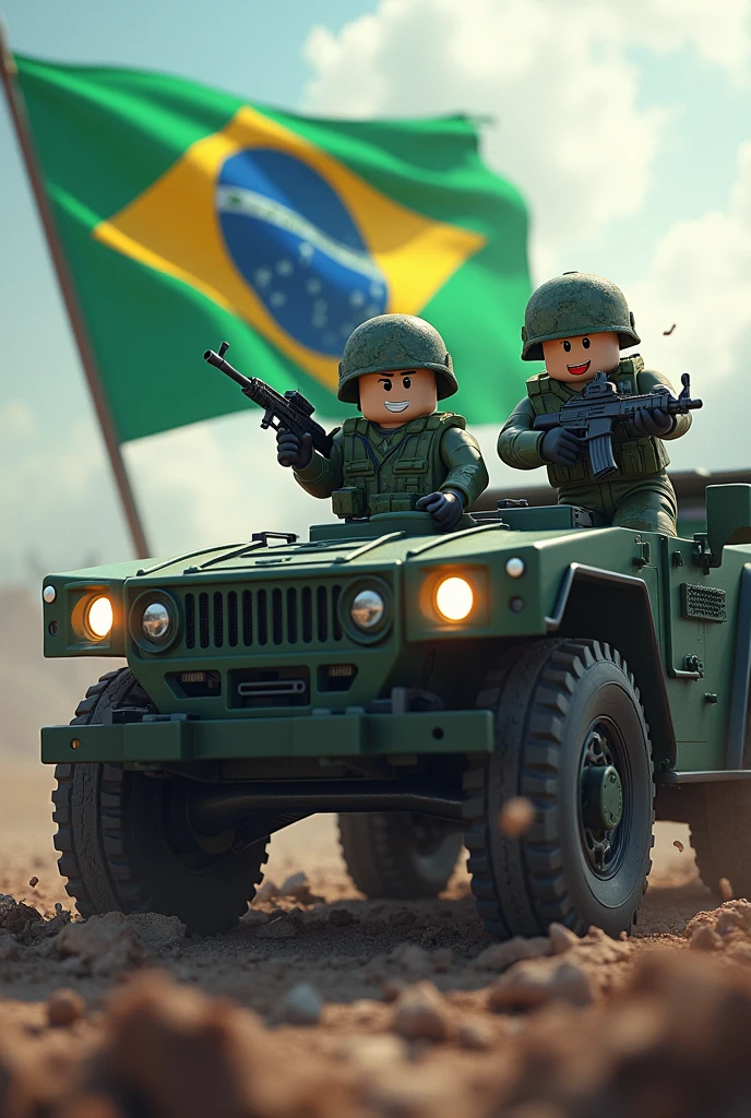 Make a photo of Roblox military with gun with car and a Brazilian flag in the background in turbulence in front of Davi's Brazilian army