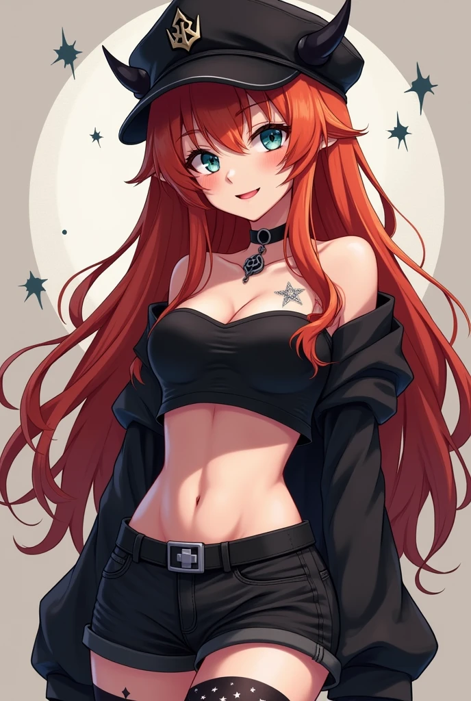 Anime girl icon, slim, ghost white skin, conceited face, long copper red hair, star tattoo, black cap with thorns, black necklace, black top with long sleeves, Short black shorts and black tights with small stars