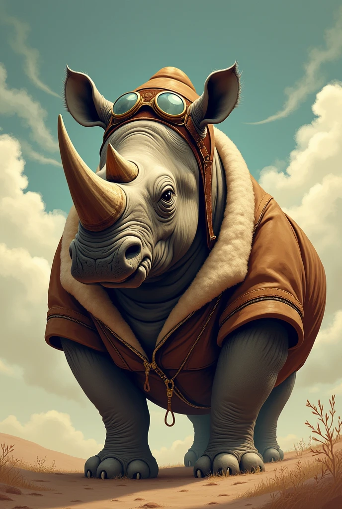 Drawing of a Rhinoceros in aviator clothing 