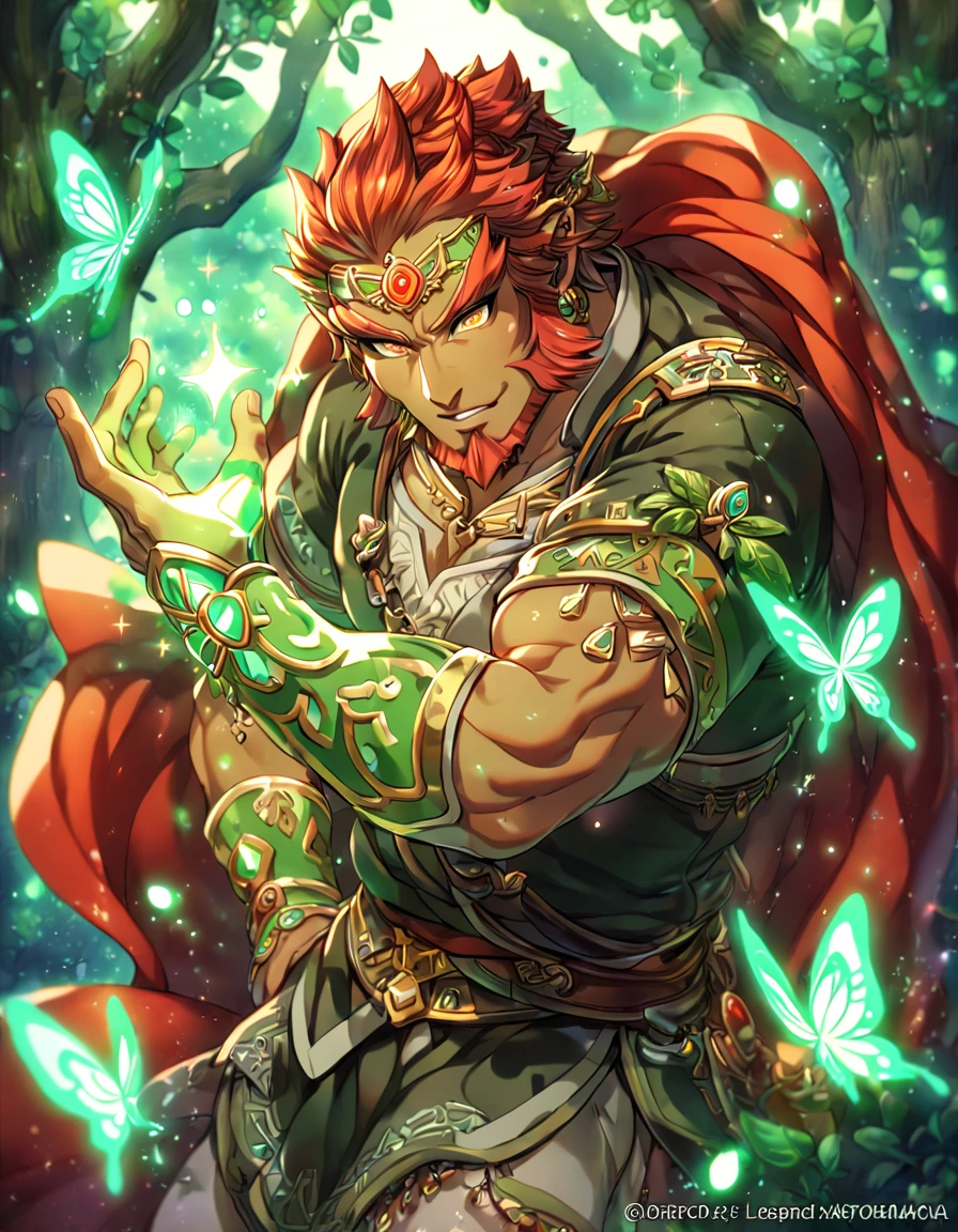 absurdres, highres, ultra detailed, HDR, master piece, best quality, extremely detailed, detailed eyes, Ganondorf, red hair, expressive golden eyes, red beard, The Legend Of Zelda Twilight Princess, solo, sexy man, sensual, handsome, manly man, tanned skin, red cape, black tunic, under a green tree, fantasy, magical, glittering fireflies, green butterflies, green flames, glass magic, green leaves