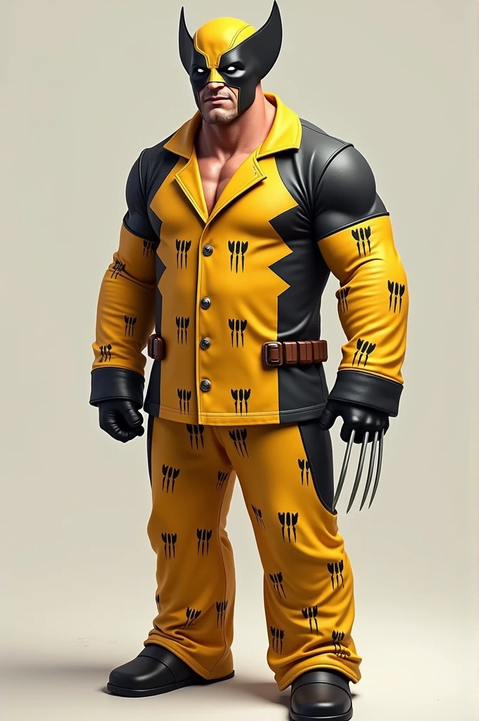 Wade Wilson wearing Wolverine-patterned pajamas