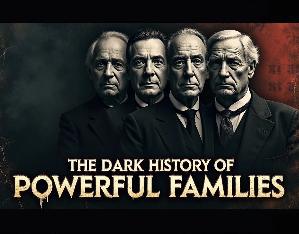 Create a YouTube-sized thumbnail (1280x720) with a dark, dramatic background. The thumbnail should feature split portraits of three influential historical figures: Mayer Rothschild, John D. Rockefeller, and J.P. Morgan. Each portrait should be in black and white, placed side by side with a subtle glow or shadow to emphasize mystery. The background should be deep and shadowy with dark tones like black, navy, and deep red. Include subtle imagery of dollar signs, a world globe, and faded parchment documents in the background, blended in to create a sense of hidden power and influence.
The title text should read “The Dark History of Powerful Families” in a bold, mysterious font. Place the title text at the top or center, with a mix of white and gold colors, ensuring the words stand out against the dark background. The font should have a slightly distressed, old-world look, adding to the theme of secrecy and influence. Add a slight texture or grunge effect to the overall design to give it a more aged, historical feel.