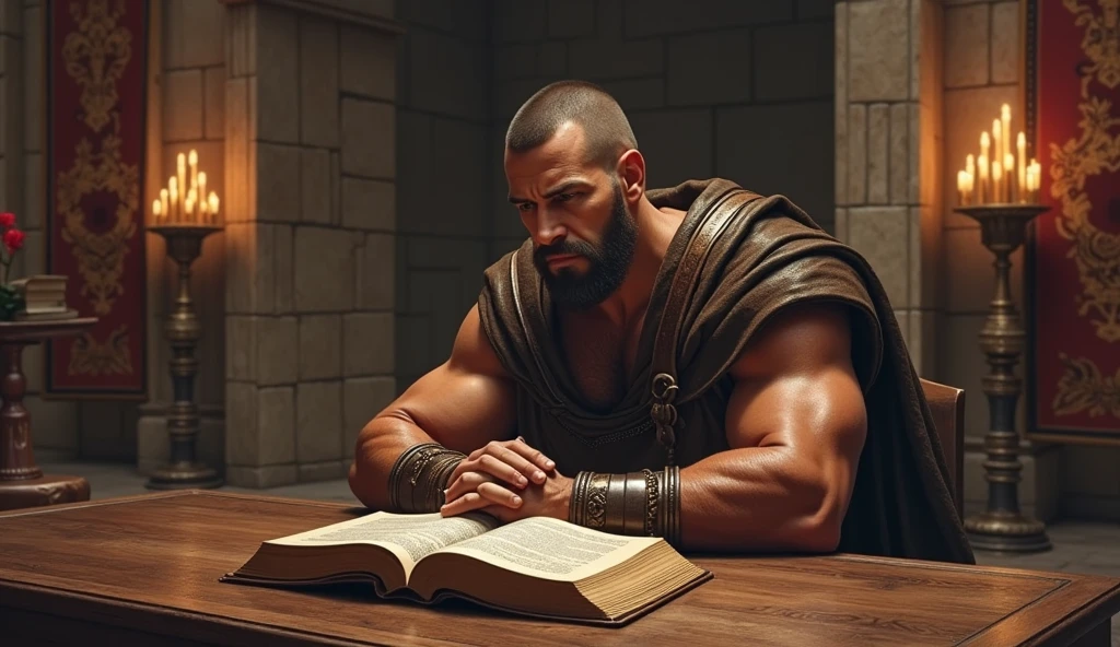 Bronze age man with short hair on top and short on the sides warrior reading the Bible in leather clothes reading the Bible in his castle