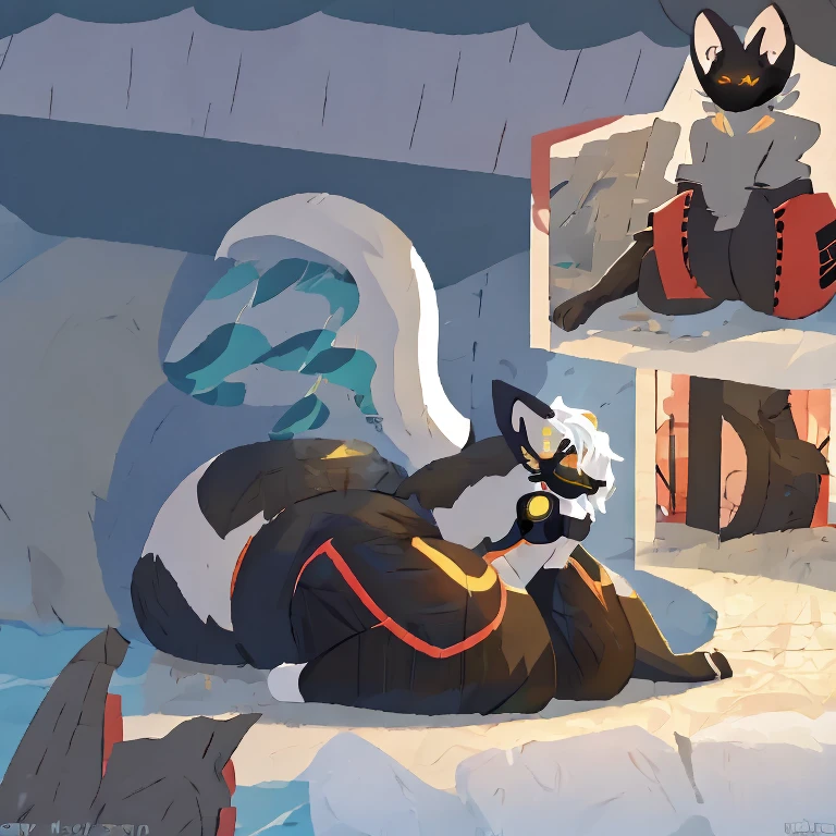 Female Protogen with extremely wide hips, skinny, unhumanly gigantic breasts, hyper breasts, extremely humongous thighs, Extremely humongous ass, white hair, white fur, huge White fluffy tail attached to back of pelvis, and reddish highlights. Blue glowing eyes, white fur tufts, front view, wearing Grey armor without ass covering, with just her ass exposed, wearing a black latex bra, sitting on her knees with her tail between her legs burying her face into her tail.