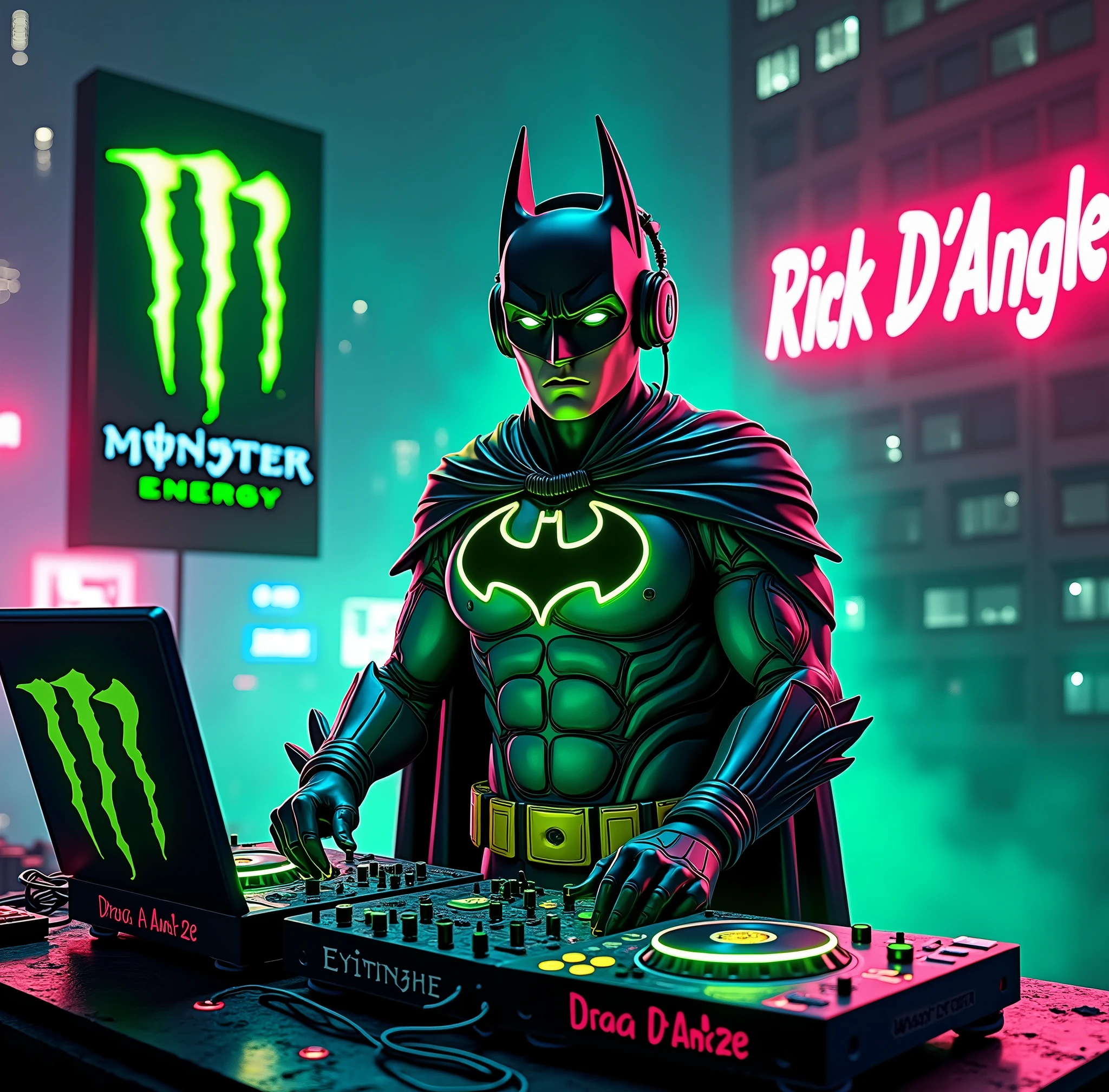 manga comic cartoon of a fluorescent green-black color batman dj , add monster energy logo , and add the text ¨Rick D´Angle ¨ to the image , totaly night view photo with ultra open wide lens photo technic