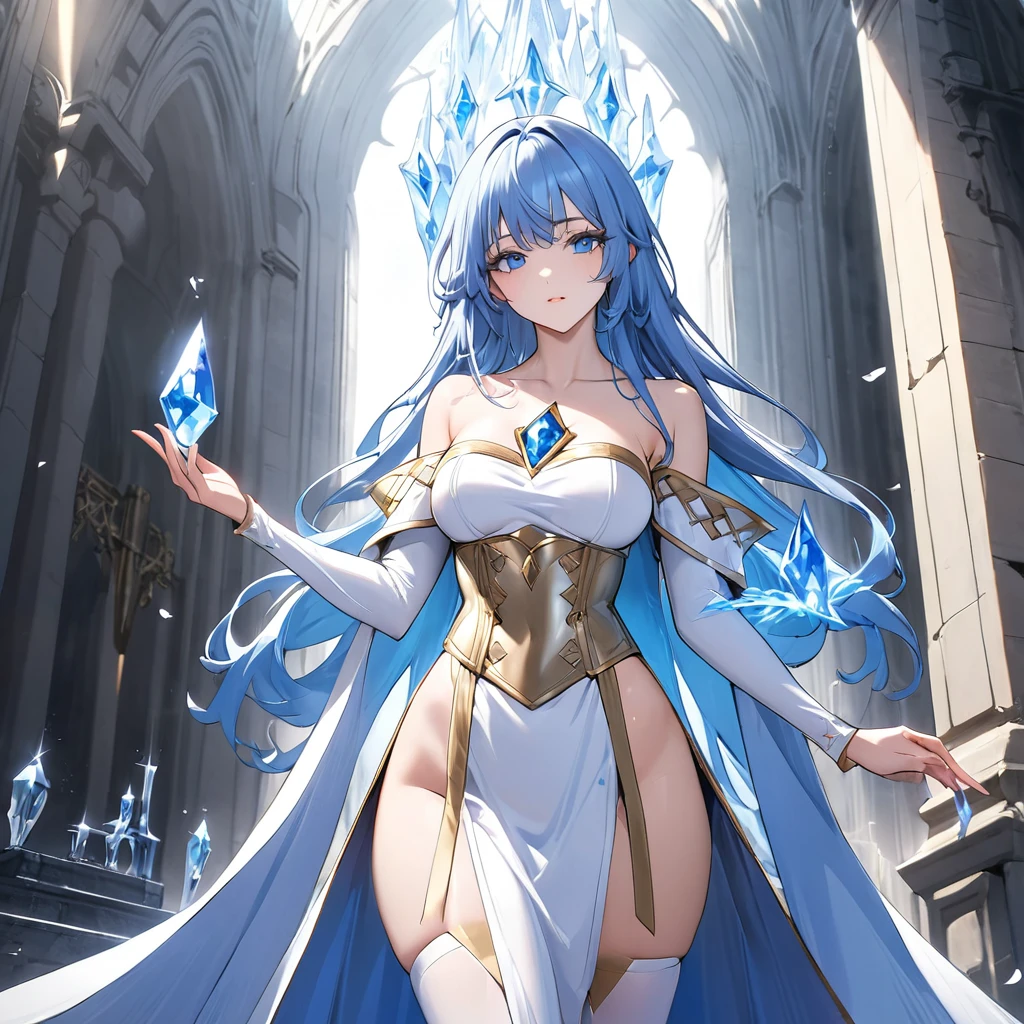 performing,A 1 girl from a magic school, Blue long hair、blue eyes、Blue lashes、White and gold trimmed dress with slit、Long sleeve、Gold corset、Bare shoulders、bare neck、Hidden chest、Blue gem on chest, Thigh Highs, Ice Magic, In front of the ivory tower break (masterpiece:1.2), (Beautiful attention to detail:1.2), Perfect lighting, (Perfect hands, perfect anatomy) 