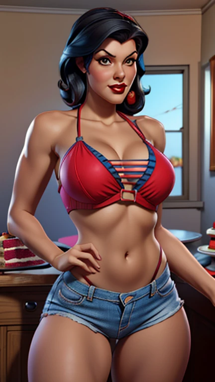 (high qualiy, better rendering), (beautiful girl), Bblack hair(bombshell, pin up style), psychopath, crazy face, pose sexy, shorts jeans curtos, regatta, cake, centred, scale to fit dimensions, micro thong, microbiquini, camel toe