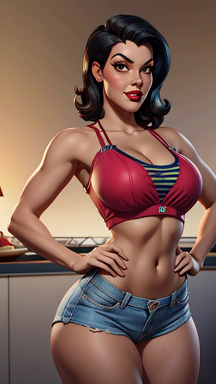 (high qualiy, better rendering), (beautiful girl), Bblack hair(bombshell, pin up style), psychopath, crazy face, pose sexy, shorts jeans curtos, regatta, cake, centred, scale to fit dimensions, micro thong, microbiquini, camel toe