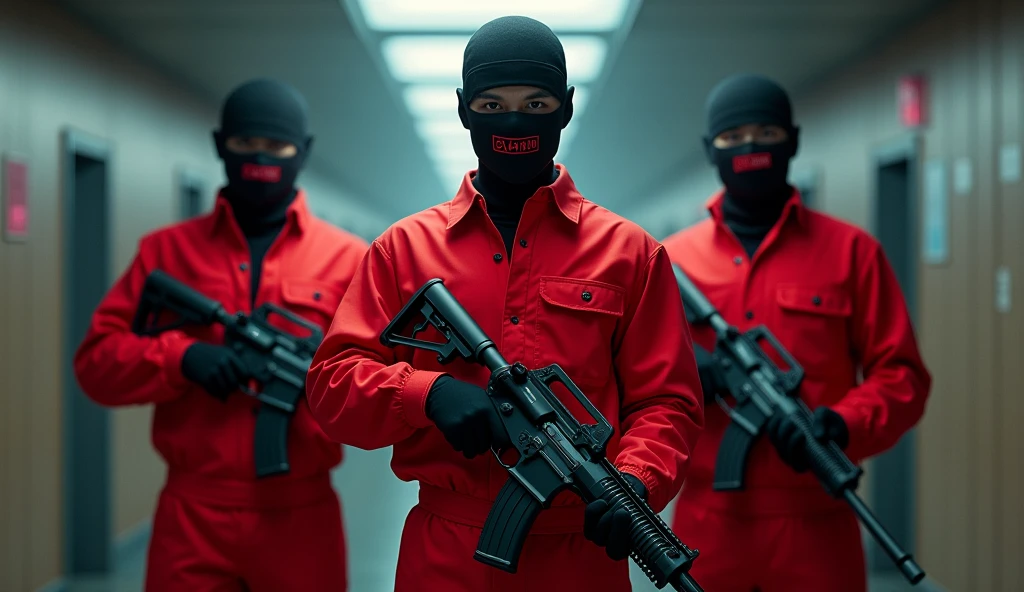 All of them are Japanese handsome guys。All are 20-2。All wearing red jumpsuits。The gloves are black。Criminal Organizations。Terrorist organization。Armament。3 people。Spree。Violent bank robbers。I'm robbing a bank.。Everyone has a gun or a rifle。Hold your gun here。The image quality is 8K。Don't blur the background。Everyone stands in the same position in a row。