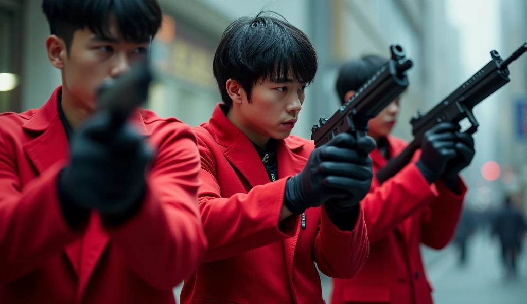 All of them are Japanese handsome guys。All are 20-2。All wearing red jumpsuits。The gloves are black。Criminal Organizations。Terrorist organization。Armament。3 people。Spree。Violent bank robbers。I'm robbing a bank.。Everyone has a gun or a rifle。Hold your gun here。The image quality is 8K。Don't blur the background。Everyone stands in the same position in a row。