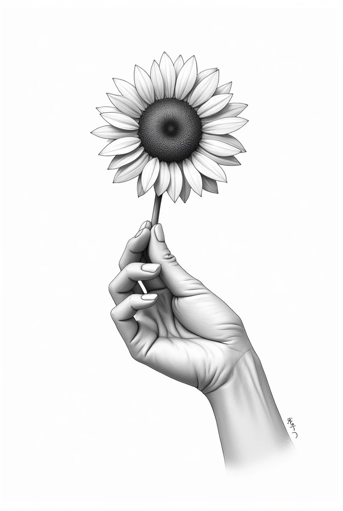 Create an image of a hand handing over a sunflower so that the hand is holding the stem of the sunflower that is facing forward as if it were handing it to the screen in the style of a realistic drawing with black and white tones.
