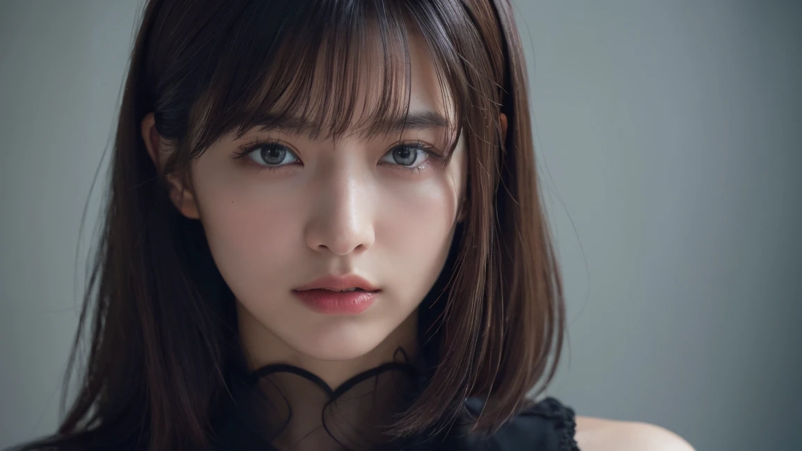 ultra high res, masterpiece, best quality, perfect glossy shiny skins, perfect lighting, detailed lighting, dramatic shadows, ray tracing, black sweater, looking at viewer, off shoulder, blue Eyes, sharp face, sharp eyes,  long bangs, open mouse, ((Dark background)),(( mole))