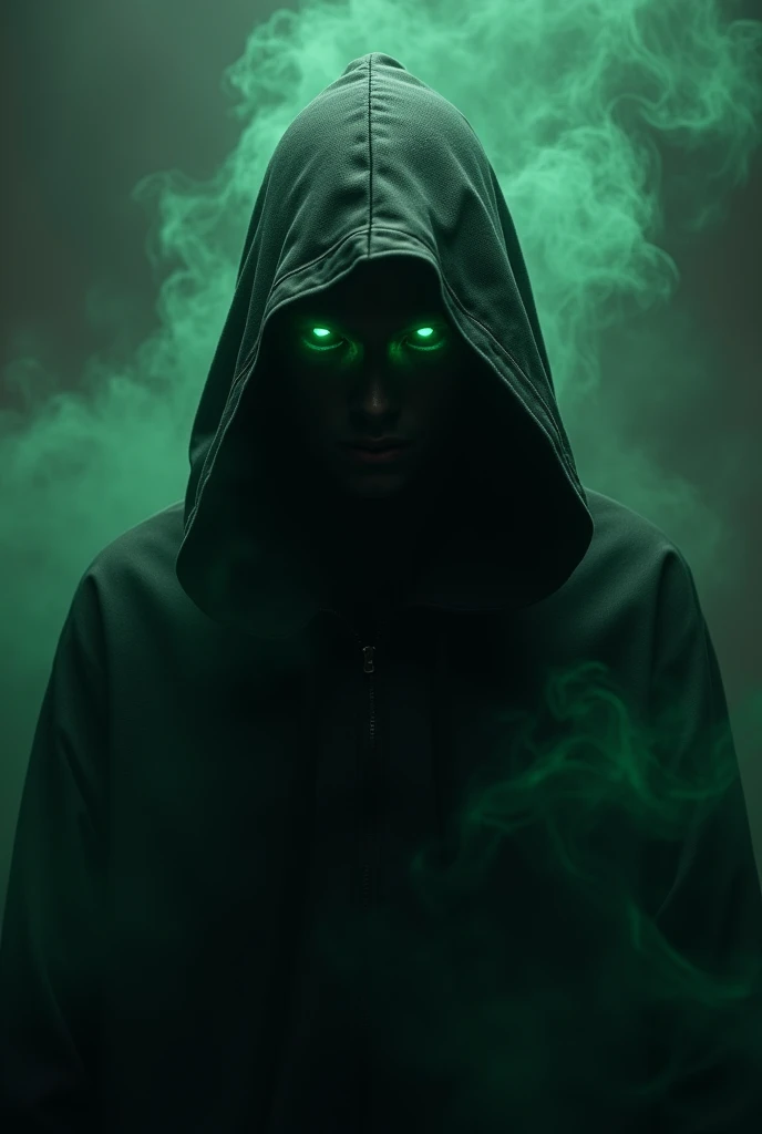 (photorealism:1.2), dark phantasy setting, man in hood, hood hides face, shadow on face, green smoke from eyes, dark atmosphere, gloomy atmosphere, black and dark green colors