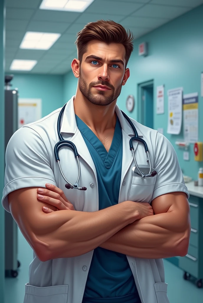 Brown haired man, blue colored eyes, brawny, doctor, 2d