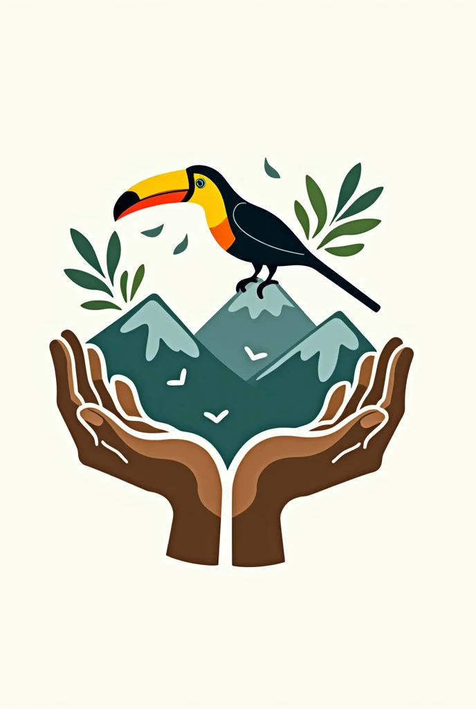 Create me a logo that has the following: Toucan, mountains, an olive branch, some hands and the name of Asoturcom VSM