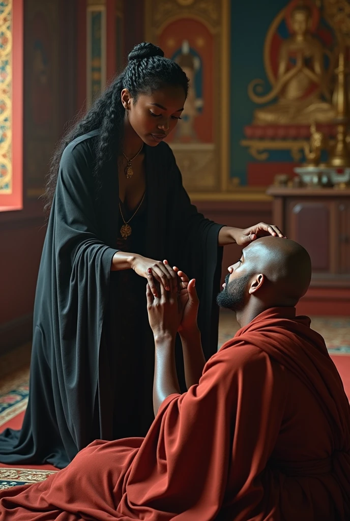 Tibetan monk worshipping a black naked sensual woman 
