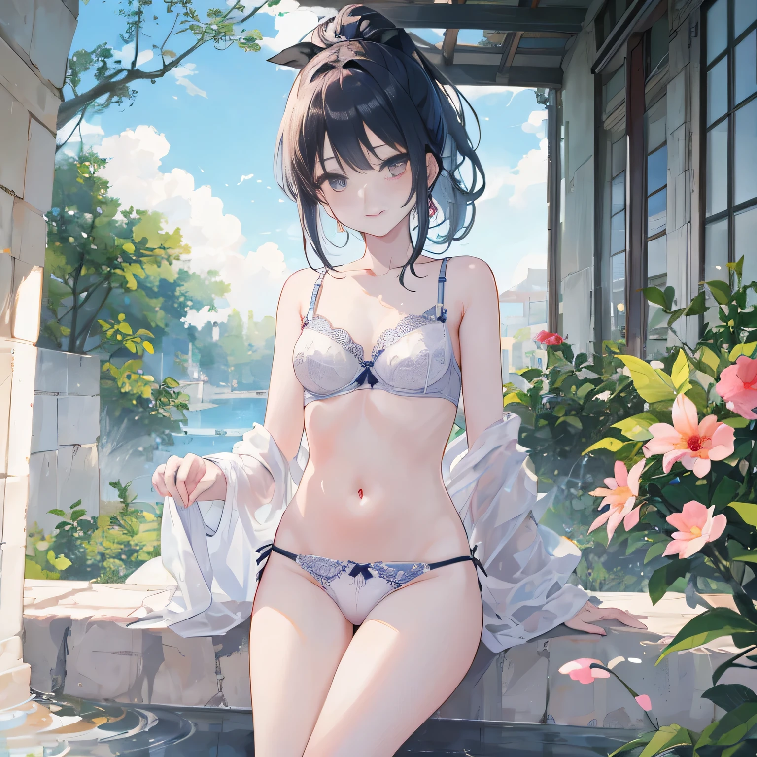 Beautiful woman, cute, A dignified expression, smile, Fleeting Expression, Transparency, ponytail, Forward Shorthair, Black Hair, Blue Hair, Silver Hair, flower, Cool, Clear sky, The wind is blowing, Gradient Hair, Ray Tracing, reflected light, Anime Style, masterpiece, Highest quality, Anatomically correct, Accurate, Super Detail, High resolution, Pink Lips, White skin, The face is facing straight ahead, not turning left or right, Head to leg, , lingerie, underwear, hot spring, Change of clothes, bath towel, lure