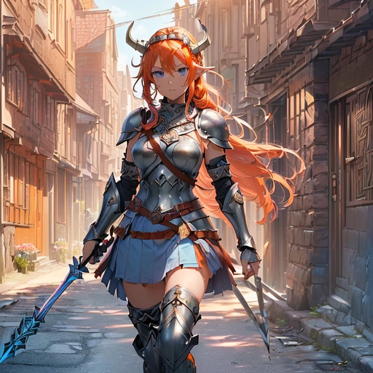 (masterpiece), (best quality), (detailed character and features), (HD), (high resolution), (solo, alone character), (fantasy), (simple background)
{{(1character: orange-red haired Elf Girl knight:((reddish-orange hair), (hair tied in left tail with two white flowers), (beautiful light-blue eyes), (orange-reddish eyebrows), (serious and imponent), (closed mouth), (lightblue flower at side of hair),(body full covered and armored in full knight armor)), ((Pink knight armor:((pink steel full knight cuirass), (pink gauntlets), (pink steel knight skirt), (pink steel belly armor), (pink shoulder armor plates), (pink steel armor long boots), (pink steel armor knee-plates), (pink steel elbow plates), (silver tiara up her head around the hair)),((holding with her left hand a long steel silver spear)),((Background: (viking styled city street), (sunny morning), (stone viking houses around the streets)))}}