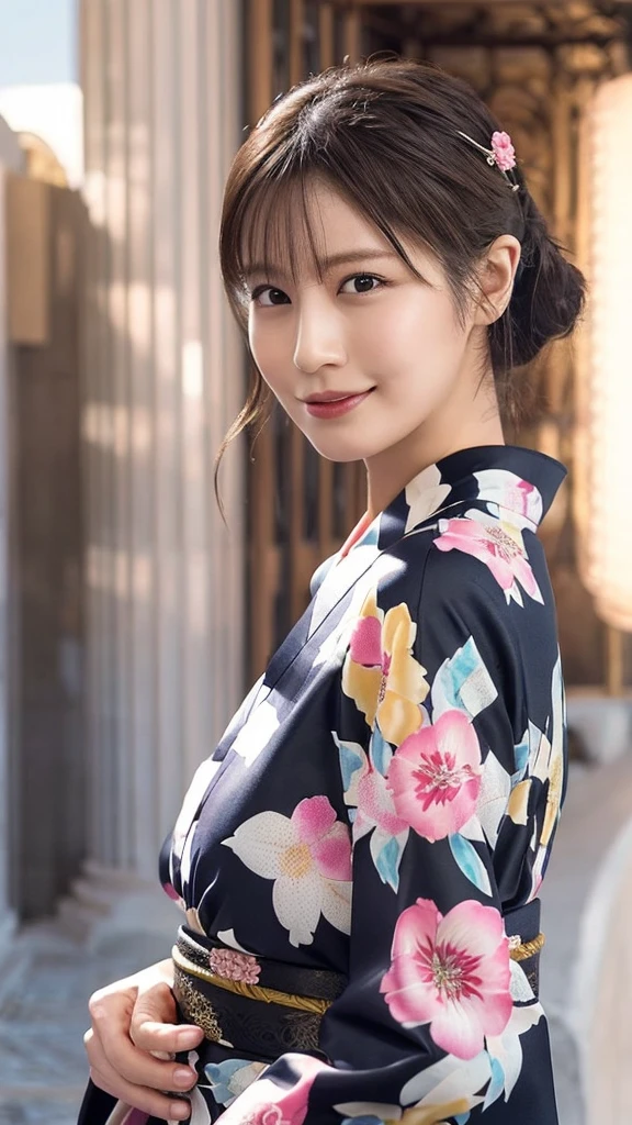 1 person, (Wearing a pink floral kimono.:1.2), Very beautiful Japanese idol portraits, 
(RAW Photos, Highest quality), (Realistic, Realistic:1.4), (masterpiece), 
Very delicate and beautiful, Very detailed, 2k wallpaper, wonderful, finely, Very detailed CG Unity 8k 壁紙, Very detailed, High resolution, Soft Light, 
Beautiful details, Very detailed目と顔, Beautiful and sophisticated nose, Beautiful and beautiful eyes, Cinema Lighting, 
(Commemorative photo on Santorini Island:1.3), (White Building), (blue sky), (Church bells), (Aegean Sea),
(Japanese hairstyle), (Tie your hair at the back:1.3), (bangs), (hairpin), 
Complete Anatomy, Slender body, Small breasts, smile