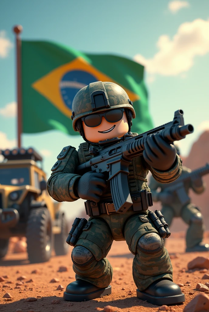 Make a photo of military personnel in the Roblox background with a gun with a car and a Brazilian flag in the background in turbulence in front of Davi's Brazilian army