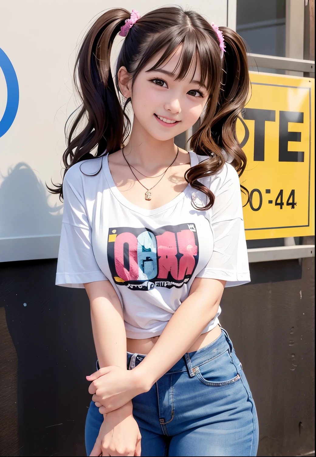 (Highest quality,masterpiece:1.3,Ultra-high resolution),(Very detailed、Caustics) (Realistic:1.4, RAW shooting、)Ultra-Realistic Capture、Very detailed、Natural skin texture、masterpiece、(A Japanese wearing an alphabet-patterned ringer T-shirt and jeans:1.3)、Adorable expression、Expressions of happiness、、height: 140cm、Baby Face、Pure、Amazingly tail haire、Curly Hair、Scrunchie、necklace、Black Hair、Large Breasts、Shining thighs、Photo taken in front of a sex shop in the entertainment district、Night photography、smile、An inviting gaze、(Anatomically correct)、Cowboy Shot、Attention to detail、Bring your chest closer and emphasize、