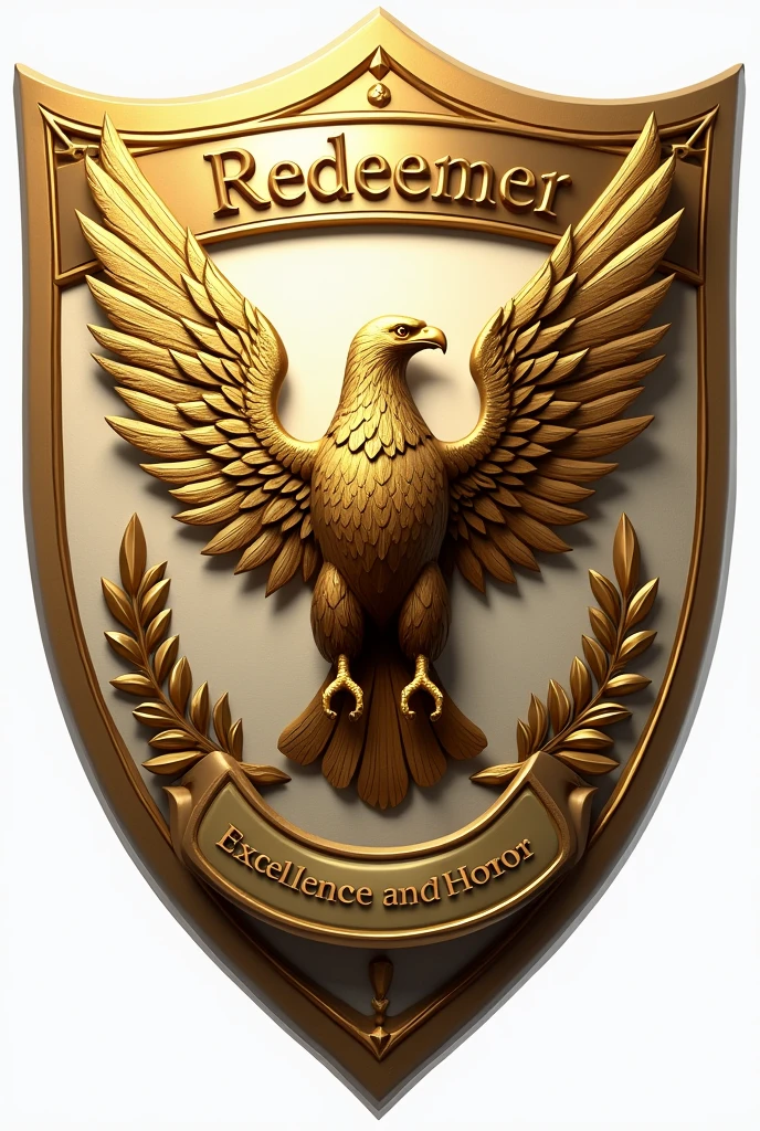 Make a football shield with these descriptions Format: The shield has a classic shield shape, with a pointed base and slightly rounded edges.colors: Predominance of beige with gold details.elements:downtown: No centro do escudo, there is a golden eagle in flight, symbolizing strength and courage. The eagle is detailed with fine feathers for an elegant effect.mole: At the top of the shield, a golden band with the inscription “Redeemer” in large, sophisticated letters, also in gold.sides: On the sides of the shield, there are two golden emblems in the shape of olive branches, representing victory and peace.Base: At the bottom of the shield, a darker beige banner with the motto “Excellence and Honor” in gold letters.