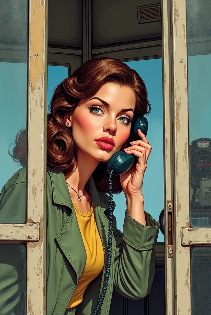 drawn in the form of a colored drawing, a close up image of a woman inside a phone booth using a corded phone