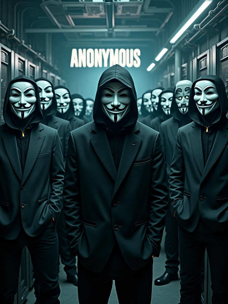 50 cyberpunk hackers wearing guy Fawkes masks and scary skulls printed  In black suits, ANONYMOUS banner on the walls, surrounded by computers, 8k definition