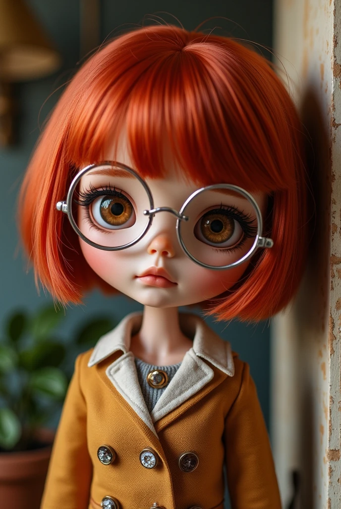 Create a Red Haired Blythe Doll, short hair to the shoulders and no bangs, round silver glasses on the face, eyes open Hazel