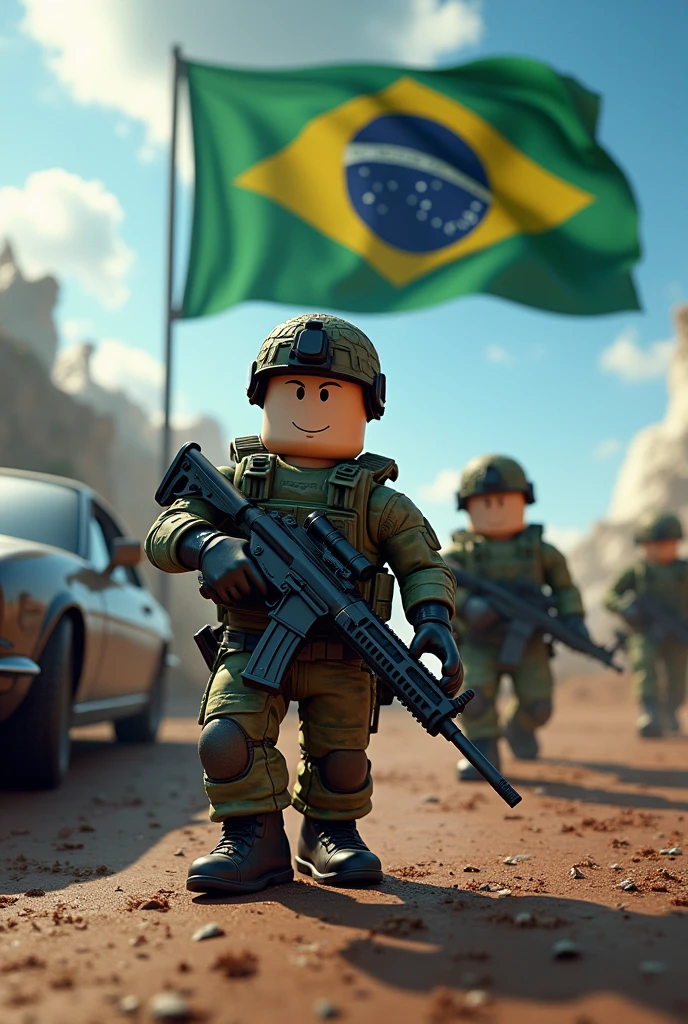 Make a photo of military personnel in the Roblox background with a gun with a car and a Brazilian flag in the background in turbulence in front of Davi's Brazilian army