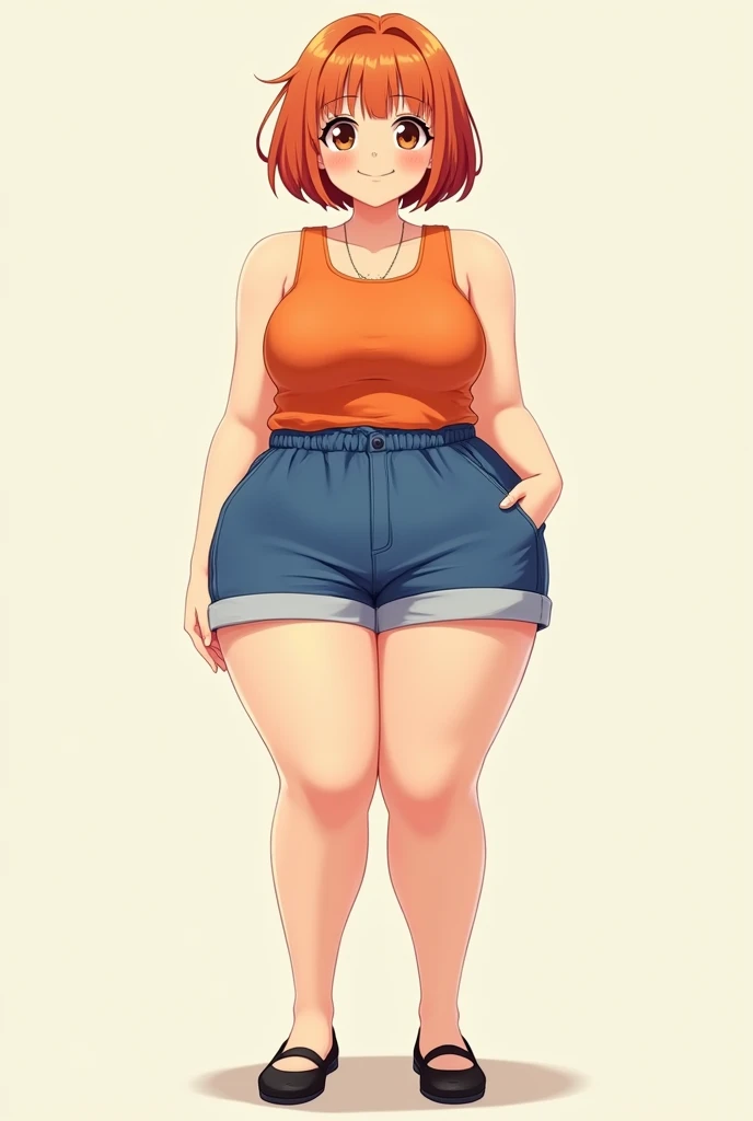 blank background, (((full body))), (masterpiece), ((best quality)), (very short girl), ((flat chest)), hair over one eye, (wide hips:1.4), ((thick thighs:1.4)), (blue jeans), sandals, belt below navel, fanny packs, ginger hair, from behind