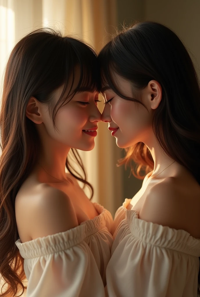 Identical twin sisters kissing, Japanese, bangs, smile、Off-the-shoulder tops、(8k、uhd、Live Shooting、Highest quality、masterpiece:1.2)、Super detailed、Super Resolution、(Hyper Reality、)Super detailed、Super Resolution、(Real、Actual Photos:1.47)、(They are hugging each other.)Leaning closer、(Fantastic lighting)Hug me、Cinema lighting、White skin、Fair-skinned female proofreading、ultra HD、Stylish lighting、Beautiful female proofreader reflecting light、Amazing details、Highly detailed beautiful、Highly detailed face、Highly detailed eyes、Extremely realistic skin、 Highly detailed fingers, Highly detailed nose, Highly detailed mouth,