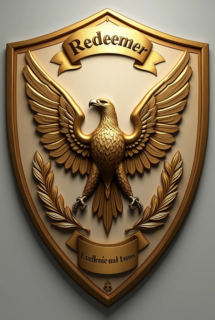 Make a football shield with these descriptions Format: The shield has a classic shield shape, with a pointed base and slightly rounded edges.colors: Predominance of beige with gold details.elements:downtown: No centro do escudo, there is a golden eagle in flight, symbolizing strength and courage. The eagle is detailed with fine feathers for an elegant effect.mole: At the top of the shield, a golden band with the inscription “Redeemer” in large, sophisticated letters, also in gold.sides: On the sides of the shield, there are two golden emblems in the shape of olive branches, representing victory and peace.Base: At the bottom of the shield, a darker beige banner with the motto “Excellence and Honor” in gold letters.