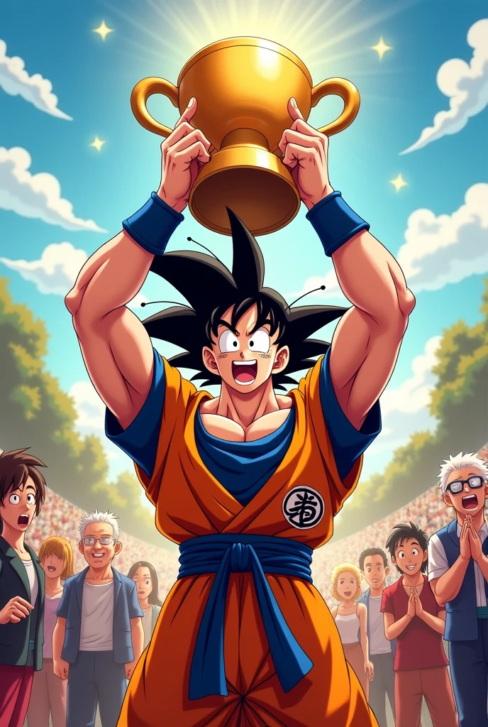 Goku holding a trophy