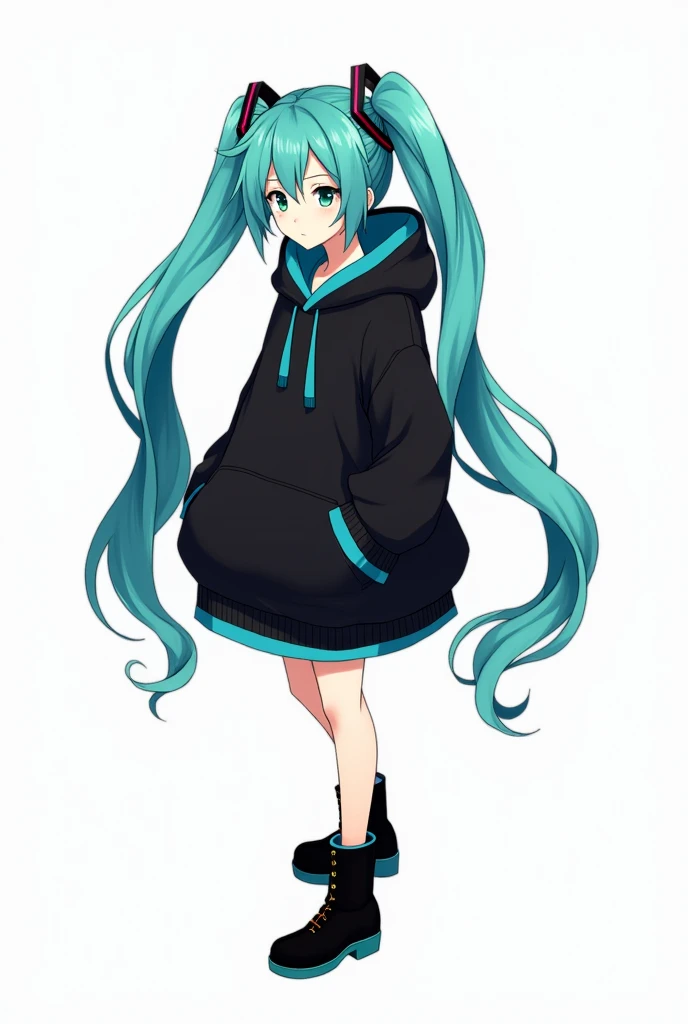 ((masterpiece, Hatsune Miku, Vocaloid, with a black hoodie with cyan up to the knees, with black boots, casual standing pose, With a white background,until, high,pretty,detailed,estilo Jujutsu Kaisen