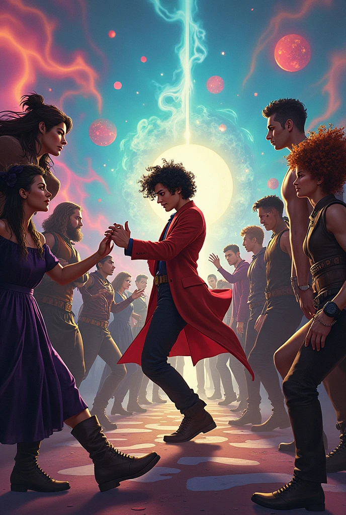 Make a POST in which Léo Valdez is in the middle of the image turning the handle of the magic joker box dancing like a dancer, and the other characters around Mad Hatter Cyborg Echo (Maya Lopez)
Jason Grace
Leo Valdez
Loki
Nico di Angelo
Piper McLean
Professor Xavier
Reyna Avila
Toph
Thor