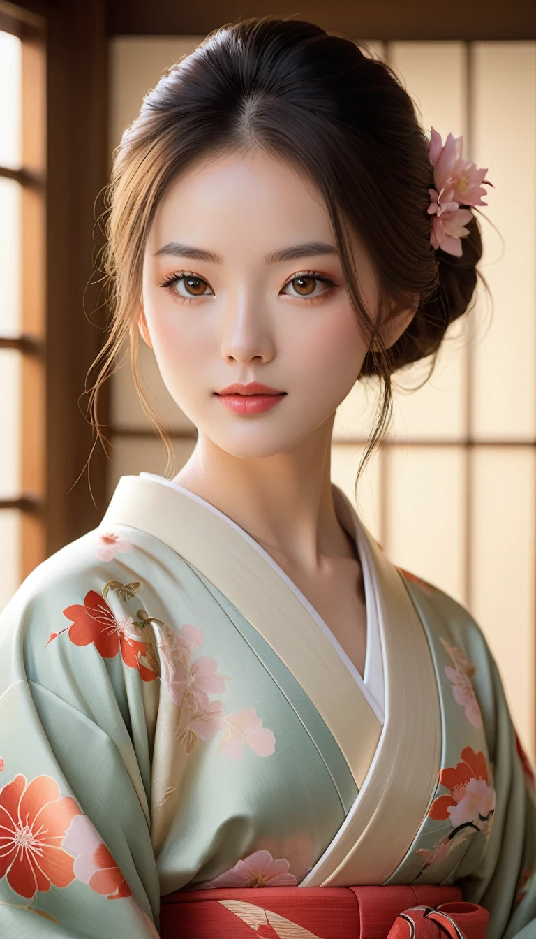 Beautiful detailed portrait of a young woman with perfect skin, Sharp Eye, and delicate features, Wearing traditional Japanese kimono、quiet, Minimalist Settings, Skillfully painted in a realistic style with soft lighting, A warm palette and subtle, Natural light, Demonstrates a feminine, quiet and elegant presence.