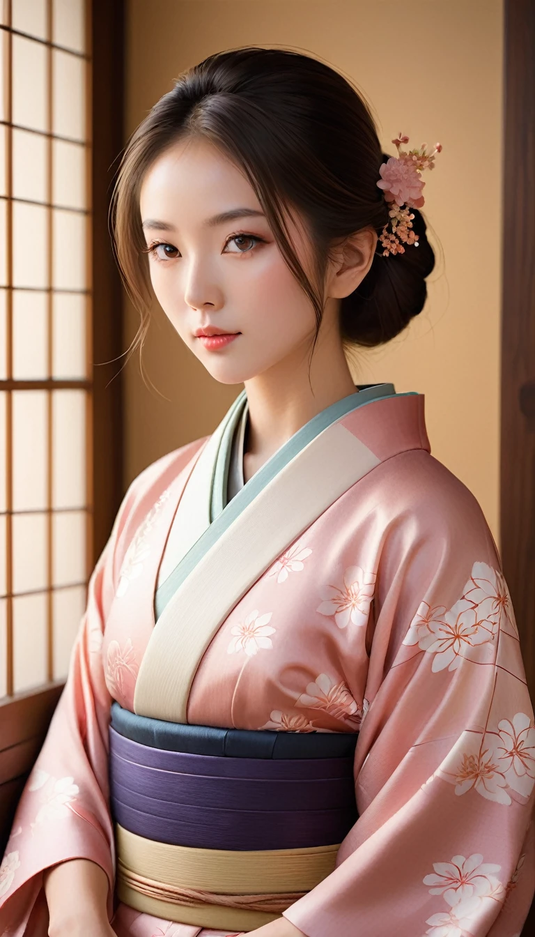 Beautiful detailed portrait of a young woman with perfect skin, Sharp Eye, and delicate features, Wearing traditional Japanese kimono、quiet, Minimalist Settings, Skillfully painted in a realistic style with soft lighting, A warm palette and subtle, Natural light, Demonstrates a feminine, quiet and elegant presence.