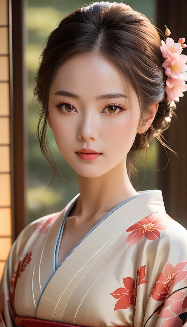Beautiful detailed portrait of a young woman with perfect skin, Sharp Eye, and delicate features, Wearing traditional Japanese kimono、quiet, Minimalist Settings, Skillfully painted in a realistic style with soft lighting, A warm palette and subtle, Natural light, Demonstrates a feminine, quiet and elegant presence.