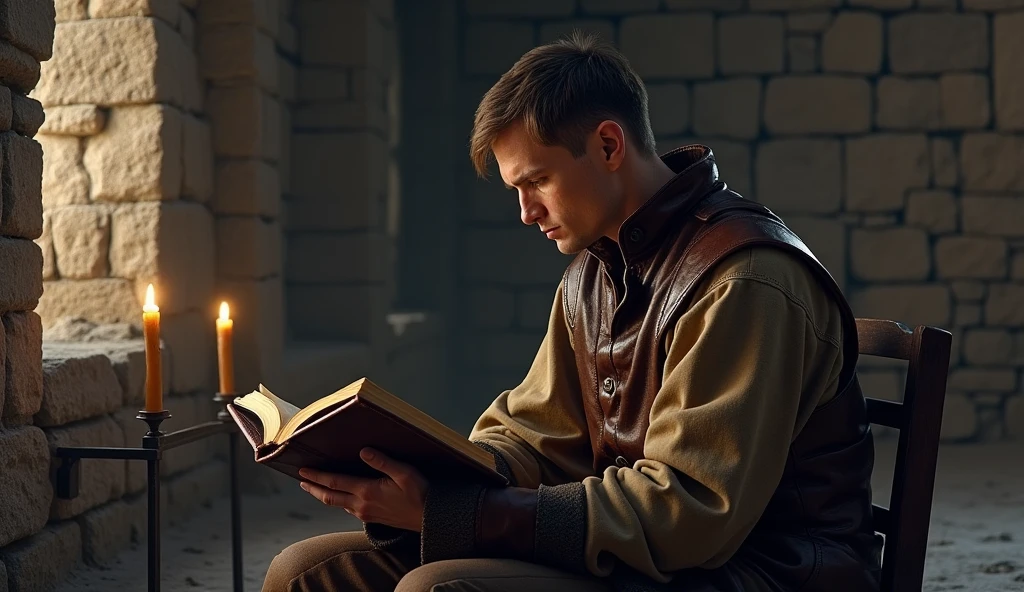 Bronze age man with short hair on top and short on the sides reading the Bible in leather clothes reading the Bible in his cold castle